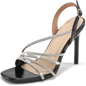 European Rhinestone Quad Strap Black Vegan Leather Stiletto Size 12.5